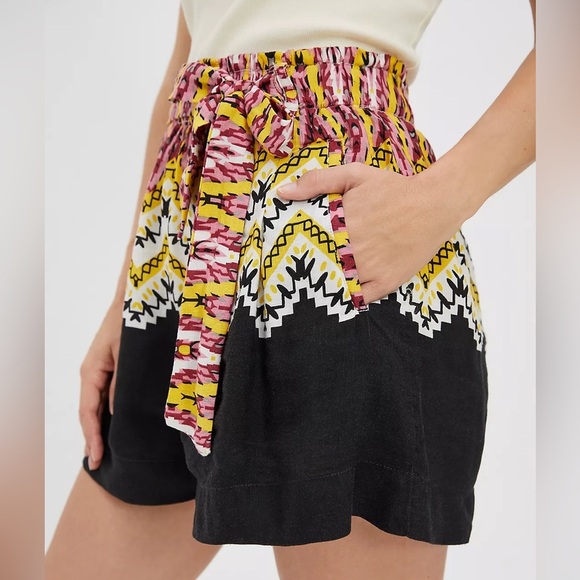 Anthropologie Laverna Print Black Multicolor Linen Blend Paperbag Shorts Medium - Picture 10 of 10